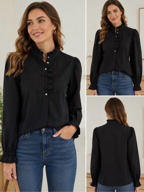 Pinch Black Ruffle-Trim Button Front Blouse